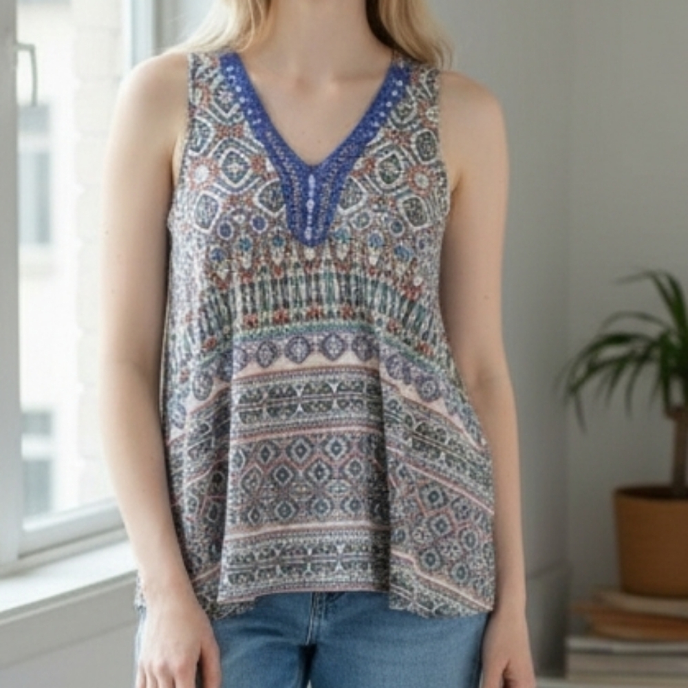 Vintage Sleeveless Blue Printed Rhinestone Beaded V Neck Shark Bite Boho Top 2X